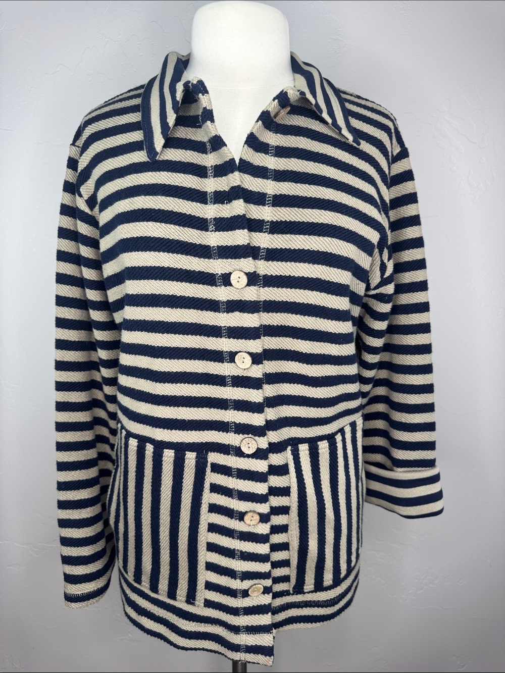 Free People free-est Lora Cardi Navy and Tan Button-Up Sweater Jacket Oversized